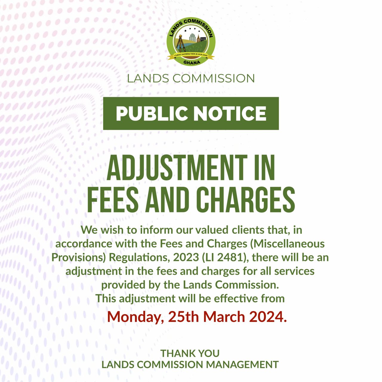 Adjustment in fees and charges